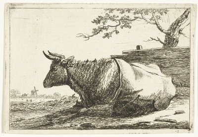 Paysage avec vache couchée avec couverture sur le dos - Cornelis  Bisschop