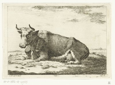 Paysage avec vache couchée avec cornes (série de vaches) - Cornelis  Bisschop