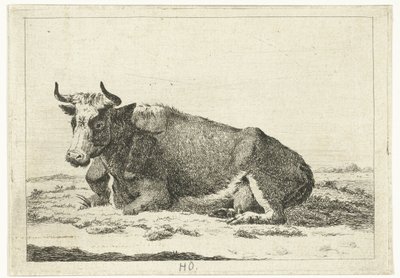 Paysage avec vache couchée avec des cornes - Cornelis  Bisschop