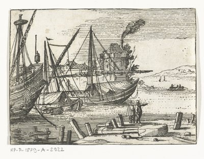 Vue du port avec deux voiliers et un galion, deux hommes sur le quai - Cornelis Bol (attributed to)