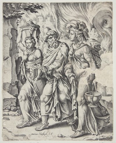 Loth et ses filles quittant Sodome en flammes - Cornelis Bos