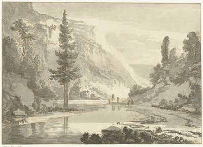 Paysage de montagne avec bergers au bord d