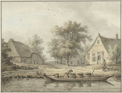 Paysage avec une barque amarrée avec des tonneaux - Cornelis Buys