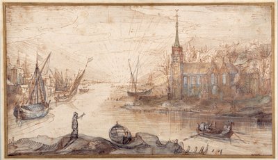 Scène de port avec des navires et une église au coucher du soleil - Cornelis Claesz  van Wieringen