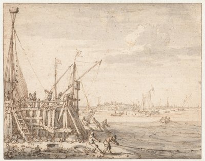 Jetée avec des pêcheurs ramenant leurs filets - Cornelis Claesz  van Wieringen