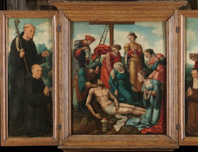 Triptyque avec la Lamentation du Christ (centre), flanqué du donateur masculin avec Saint Benoît (gauche, aile intérieure) et du donateur féminin avec Sainte Élisabeth de Thuringe (droite, aile intérieure) - Cornelis Cornelisz II Buys (attributed to)