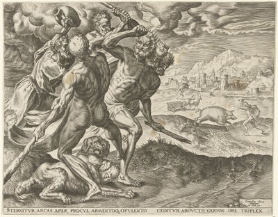 Hercule tue Géryon et son chien (Werken van Hercules) - Cornelis Cort