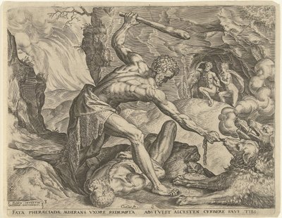 Hercule traînant Cerbère hors des enfers (Werken van Hercules) - Cornelis Cort