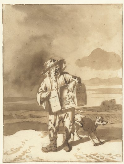 Jeune homme avec une boîte à images et un chien - Cornelis Dusart