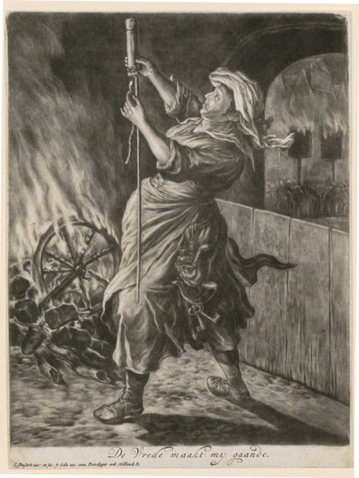 Une femme allume une fusée éclairante, planche 5 de la série «Joie générale lors du siège de Namur par Guillaume III, 1695» - Cornelis Dusart
