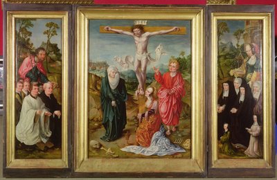 Triptyque de la Crucifixion : Sainte Barbe avec des donateurs (aile droite) ; Saint Jacques le Majeur avec des donateurs (aile gauche) ; La Crucifixion (centre) - Cornelis Engebrechtsz