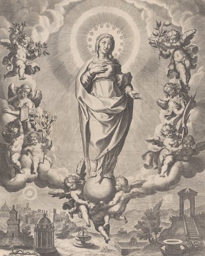 La Vierge en gloire, debout sur des nuages et entourée d