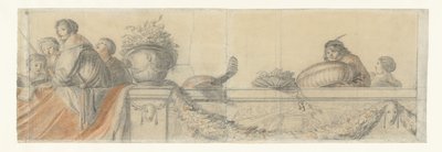 Personnes sur une balustrade avec festons (Ontwerpen voor wandschilderingen in kasteel Honselaersdijk) - Cornelis Holsteyn