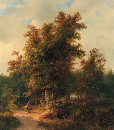Paysage boisé avec des voyageurs sur un chemin sablonneux - Cornelis Lieste