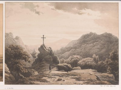 Paysage montagneux avec croix sur un rocher - Cornelis Lieste