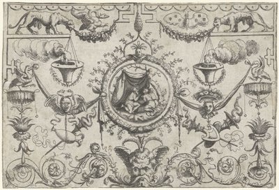 Ornement avec trois figures agenouillées sous un drap - Cornelis Massijs (attributed to)
