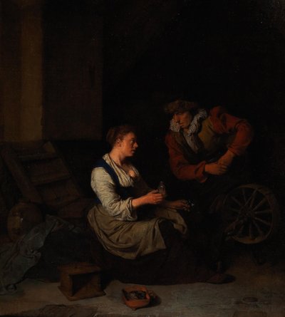 Un cavalier et une femme au rouet - Cornelis Pietersz. Bega