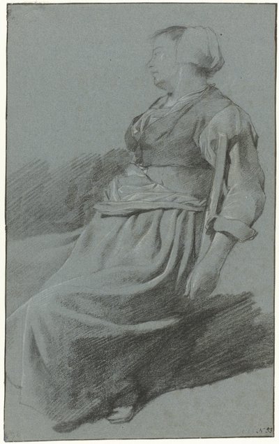 Femme assise, de profil gauche, portant un bonnet, avec son bras sur le dossier d