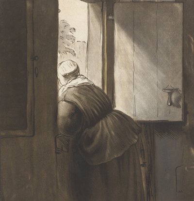 Une femme appuyée sur la porte du bas, d