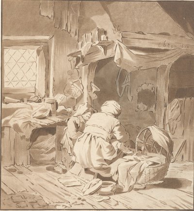 Intérieur paysan avec deux femmes - Cornelis Ploos van Amstel (signed by artist)