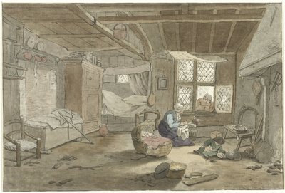 Intérieur avec femme près du berceau - Cornelis Ploos van Amstel (signed by artist)