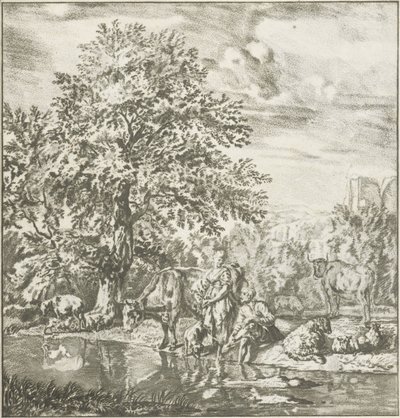 Berger et bergère avec troupeau près d
