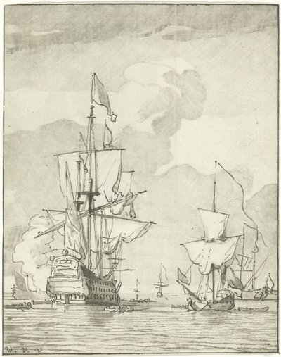 Navire de guerre tirant un coup de canon - Cornelis Ploos van Amstel