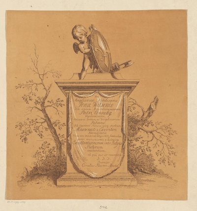 Putto debout sur un monument avec dédicace à Jonas Witsen - Cornelis Ploos van Amstel