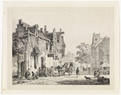Vue de la ville avec une charrette tirée par des chevaux - Cornelis Springer