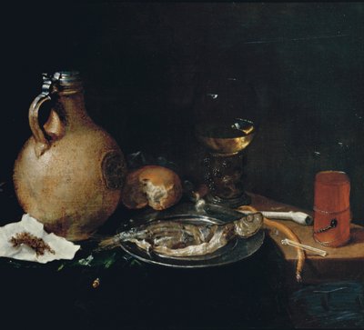 Chope en terre cuite, tabac dans un morceau de papier, un petit pain, une pipe en argile blanche, un roemer, hareng tranché sur une assiette en étain et un kometenglas sur une table partiellement drapée, 1664 - Cornelis Stangerus
