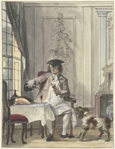 Homme à table avec un verre de vin et un os - Cornelis Troost