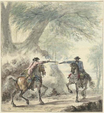 Deux cavaliers se rencontrant sur un chemin forestier et se tirant dessus - Cornelis Troost