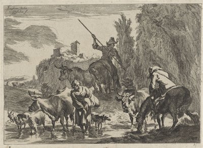 Bergers avec du bétail traversant un ruisseau (Paysages) - Cornelis Visscher (II)