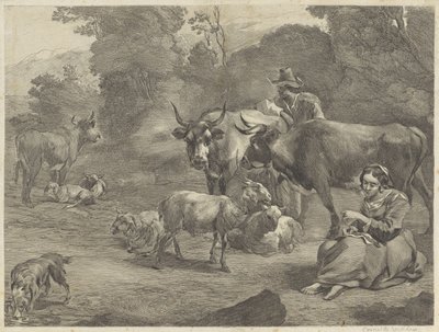 Paysage avec un berger et une bergère cousant - Cornelis Visscher (II)