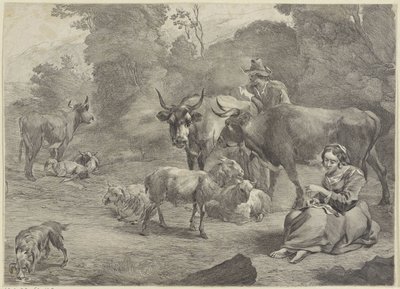Paysage avec un berger et une bergère cousant - Cornelis Visscher (II)