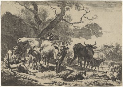 Vieux berger se reposant avec son troupeau - Cornelis Visscher (II)