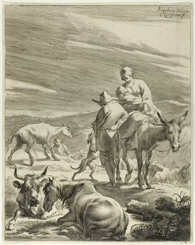 Une mère et un enfant emmailloté chevauchant un âne, planche 4 de Four Landscapes - Cornelis Visscher