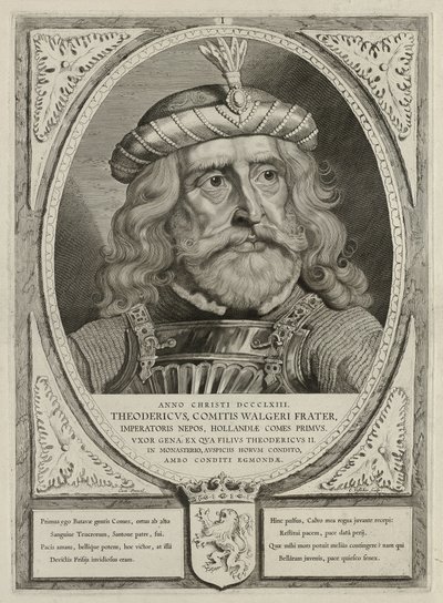Dirk I, comte de Hollande, en armure. Le cadre est décoré des armoiries de la Hollande. NL-HlmNHA 1477 53012894 - Cornelis Visscher