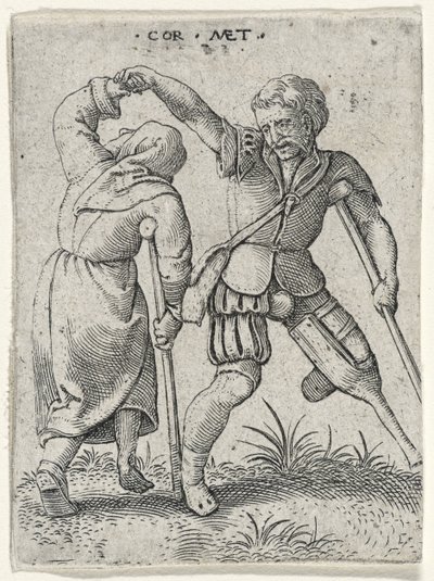 Un homme avec une jambe de bois tournant une femme boiteuse sous son bras, 1572 (gravure sur papier vergé) - Cornelis after Massys