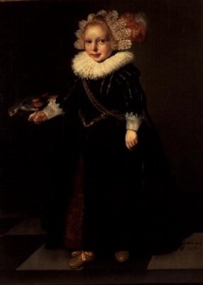 Fille portant une robe noire avec une coiffe à plumes - Cornelis de (follower of) Vos