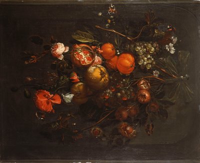 Un bouquet de fruits et de fleurs suspendu à un clou dans une niche - Cornelis de Heem