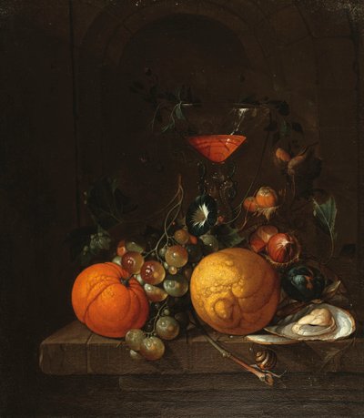 Un citron, une orange, des raisins, une huître et un verre de vin sur un rebord - Cornelis de Heem