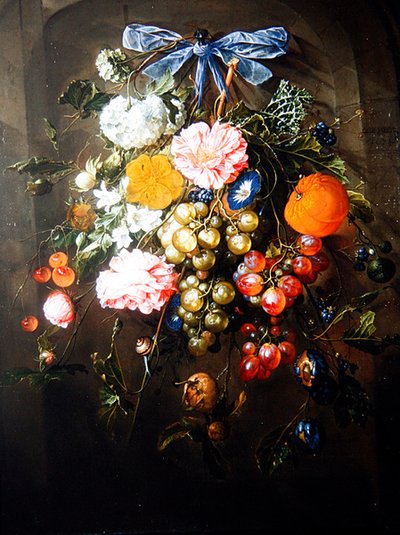 Nature morte de fleurs et de fruits attachés avec un nœud bleu - Cornelis de Heem