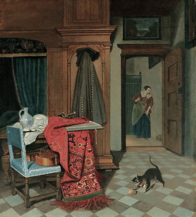 Intérieur avec un tapis, une épée et une cruche sur une table, un violoncelle sur une chaise, un manteau accroché à une armoire, un chat jouant avec une balle, une servante au-delà - Cornelis de Man