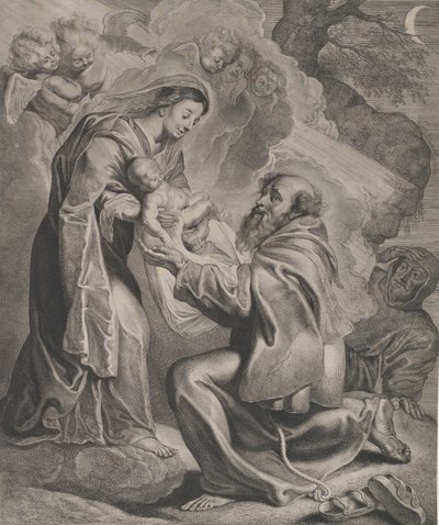 La vision de Saint François, agenouillé à droite, recevant l