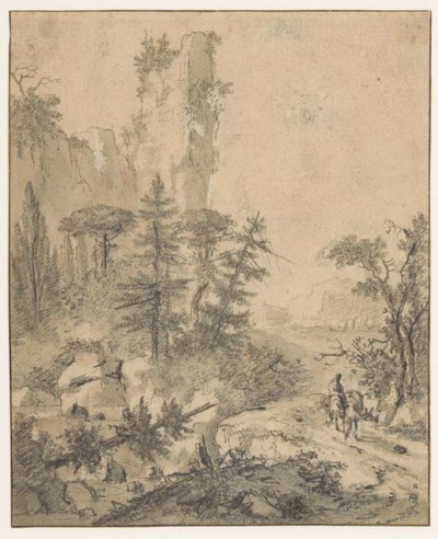Chemin de montagne avec un homme et deux mules - Cornelis de Wael