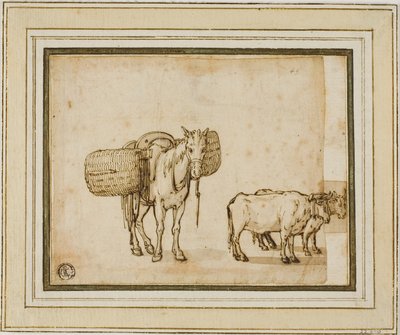 Deux croquis : Mule portant des paniers, paire de bœufs attelés - Cornelis de Wael