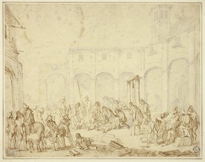 Soldats blessés dans une cour sur la place de la ville - Cornelis de Wael