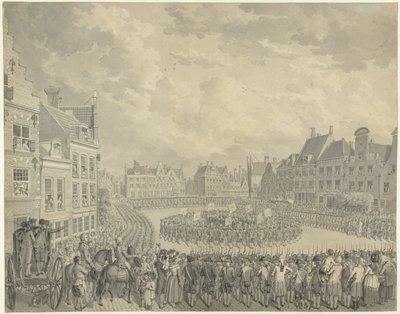 Prestation de serment du Collège des Commissaires par les officiers de la milice sur le Neude à Utrecht, 1786 - Cornelis van Cuylenburgh (II) (signed by artist)