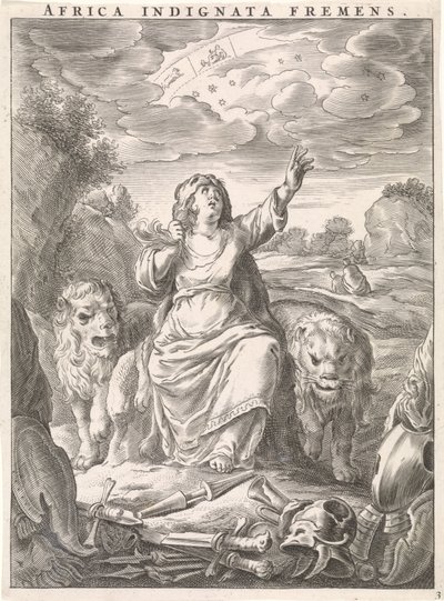 Personnification féminine du continent africain comme femme avec peau de lion assise entre des lions (Africa indignata fremens, série: Quatre continents) - Cornelis van Dalen (II)